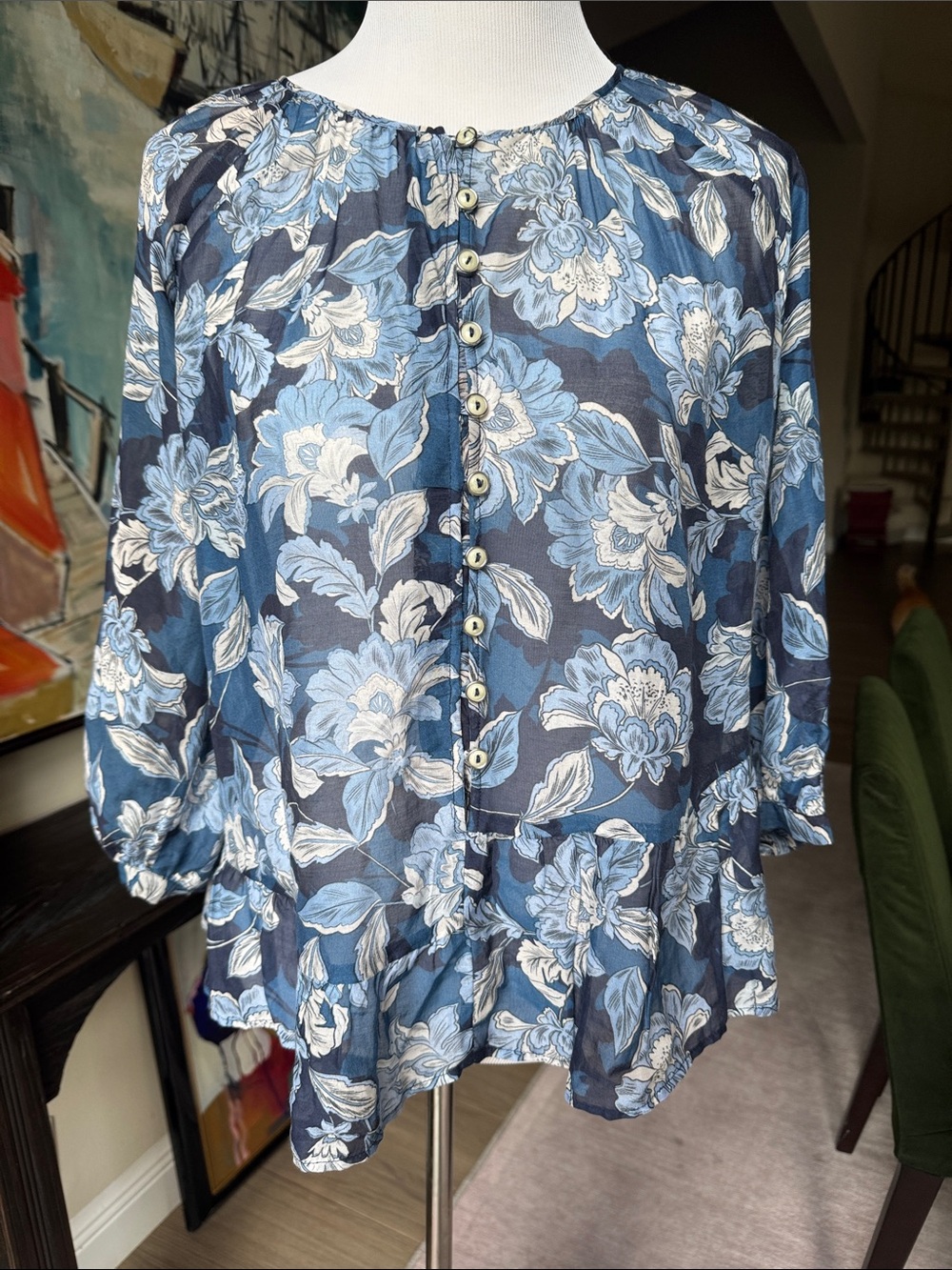 Johnny Was Size XL Women's Top Jade 'Nerissa' Blue Cotton Silk Floral Button Up